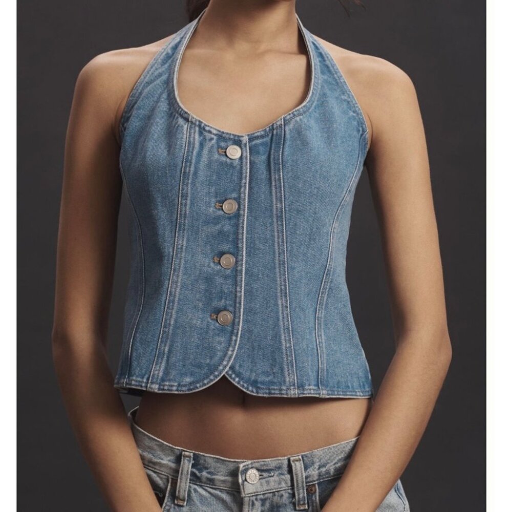 Anthropologie Mare Mare Womens Halter Shrunken Denim Vest Size XS Button-Front